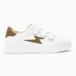 Baskets éclair Camelia blanc et kaki à scratchs