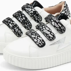 Baskets éclair Daisy blanc et argent à scratchs léopard