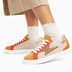 Baskets éclair Gaëlle beige et orange à lacets