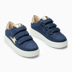 Baskets éclair Irène denim et or à scratchs