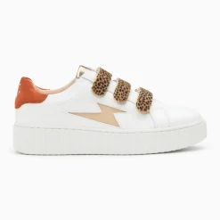 Baskets éclair Izae blanc et beige à scratchs guépard