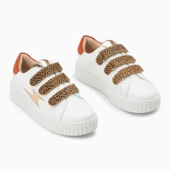 Baskets éclair Izae blanc et beige à scratchs guépard