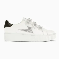 Baskets éclair Jane blanches en cuir à scratchs argent