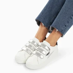 Baskets éclair Jane blanches en cuir à scratchs argent