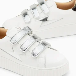 Baskets éclair Jane blanches en cuir à scratchs argent