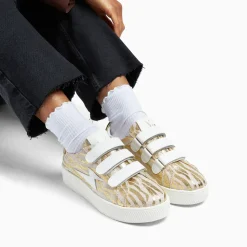 Baskets éclair Laurine beige et or zébré à scratchs