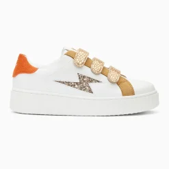 Baskets éclair Louie blanc et bronze à scratchs guépard