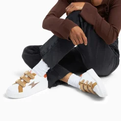 Baskets éclair Louie blanc et bronze à scratchs guépard