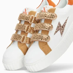Baskets éclair Louie blanc et bronze à scratchs guépard