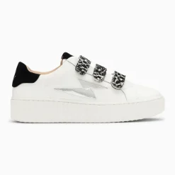 Baskets éclair Lyanna blanc et argent à scratchs léopard noirs