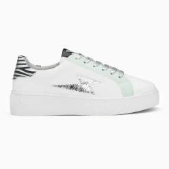 Baskets éclair Milie blanc et zèbre à lacets argent
