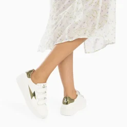 Baskets éclair Willow blanc et kaki effet miroir à scratchs