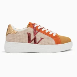 Baskets monogramme Gaïa beige et orange à lacets