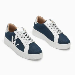 Baskets monogramme Gaïa denim et blanc à lacets argent