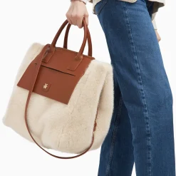 Cabas Christiane beige et camel en fausse fourrure