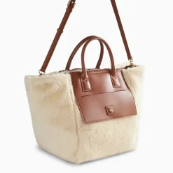 Cabas Christiane beige et camel en fausse fourrure