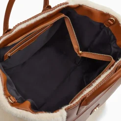 Cabas Christiane beige et camel en fausse fourrure