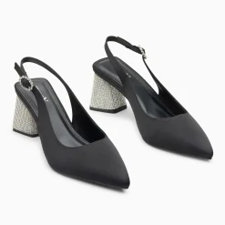 Escarpins slingback Paris noirs à bout pointu et talon strass