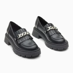 Mocassins Angèle noirs à chaîne argent et semelle crantée