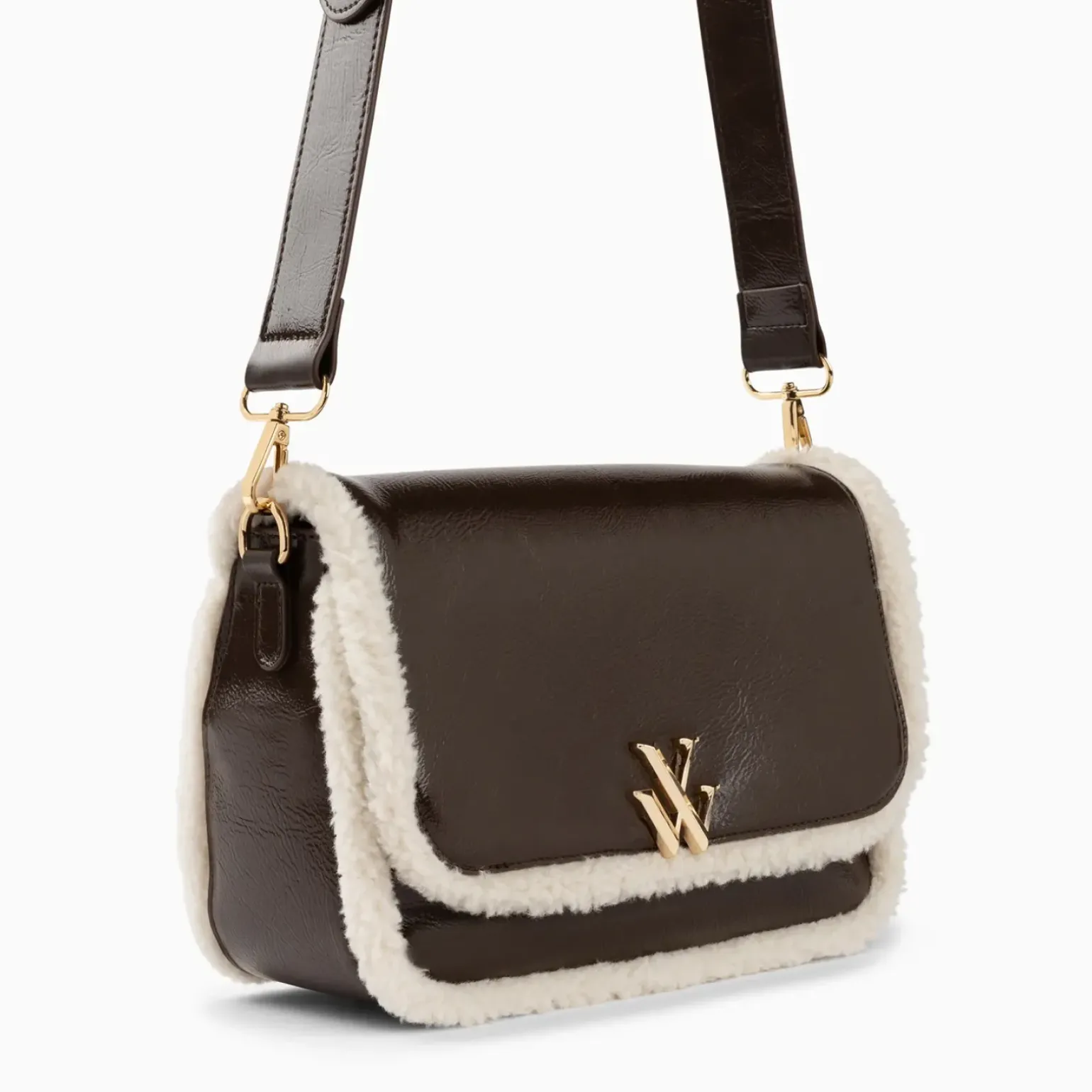 Sac bandoulière Bertina marron à rabat et faux shearling