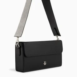 Sac bandoulière Sydney noir à rabat et strass
