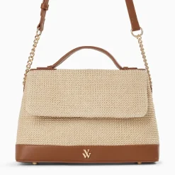 Sac cartable Lisa en raphia beige à détails camel