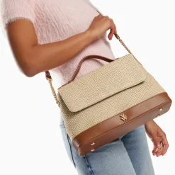 Sac cartable Lisa en raphia beige à détails camel