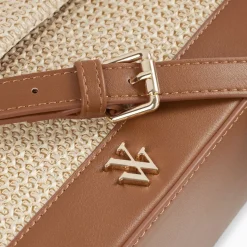 Sac cartable Lisa en raphia beige à détails camel
