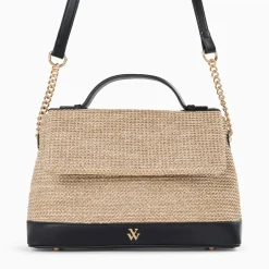 Sac cartable Lisa en raphia beige à détails noirs