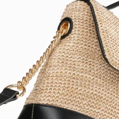 Sac cartable Lisa en raphia beige à détails noirs