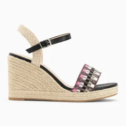 Sandales compensées Honorine noir et rose en tissu jacquard