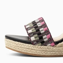 Sandales compensées Honorine noir et rose en tissu jacquard