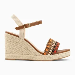 Sandales compensées Honorine camel en tissu jacquard