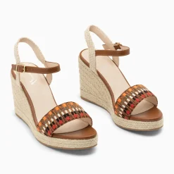 Sandales compensées Honorine camel en tissu jacquard