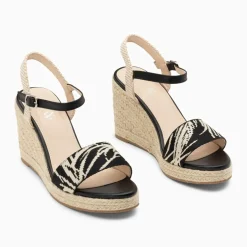 Sandales compensées Honorine noires en tissu jacquard