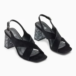 Sandales Milan noires à brides croisées et talon argent pailleté