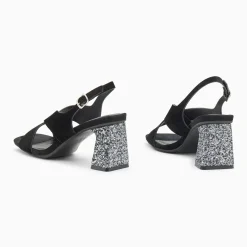 Sandales Milan noires à brides croisées et talon argent pailleté