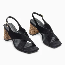 Sandales Milan noires à brides croisées et talon bronze pailleté
