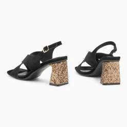 Sandales Milan noires à brides croisées et talon bronze pailleté