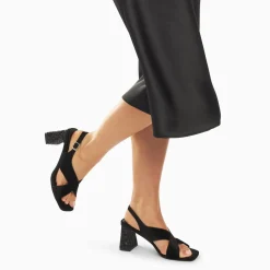 Sandales Milan noires à brides croisées et talon noir pailleté