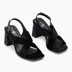 Sandales Milan noires à brides croisées et talon noir pailleté