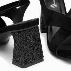 Sandales Milan noires à brides croisées et talon noir pailleté