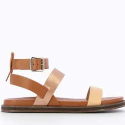 Sandales plates Ninon camel à brides rose gold et rose pâle