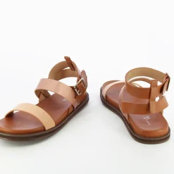 Sandales plates Ninon camel à brides rose gold et rose pâle